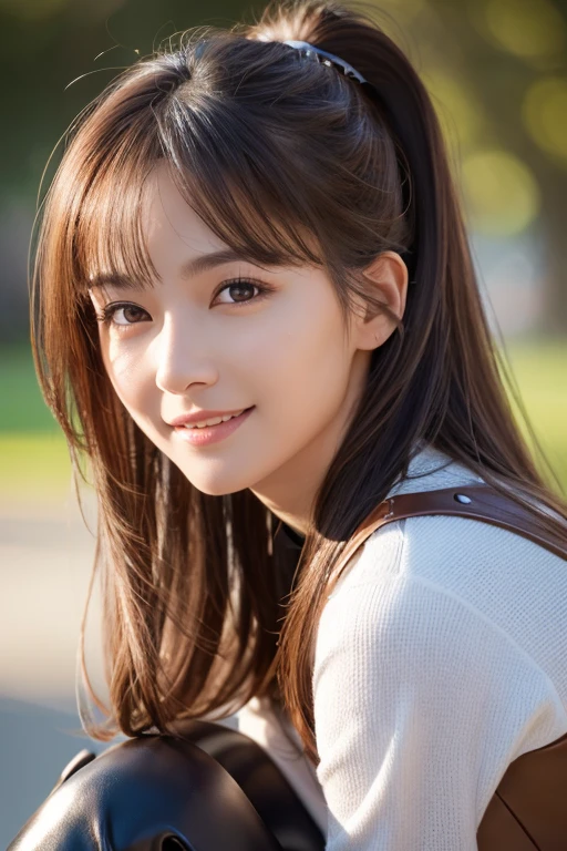 highest quality, masterpiece, Ultra-high resolution, (Realistic:1.4), (close portrait) Raw photo, 1 girl,20-year-old,((Holiday Substitute々tree park)),((Asian Fashion)),Messy Hair,((Ponytail and scrunchie, chestnut-colored hair)),((Bangs short hair)),Realistic,picture media chest)),((Toothy smile)),((Big smile))