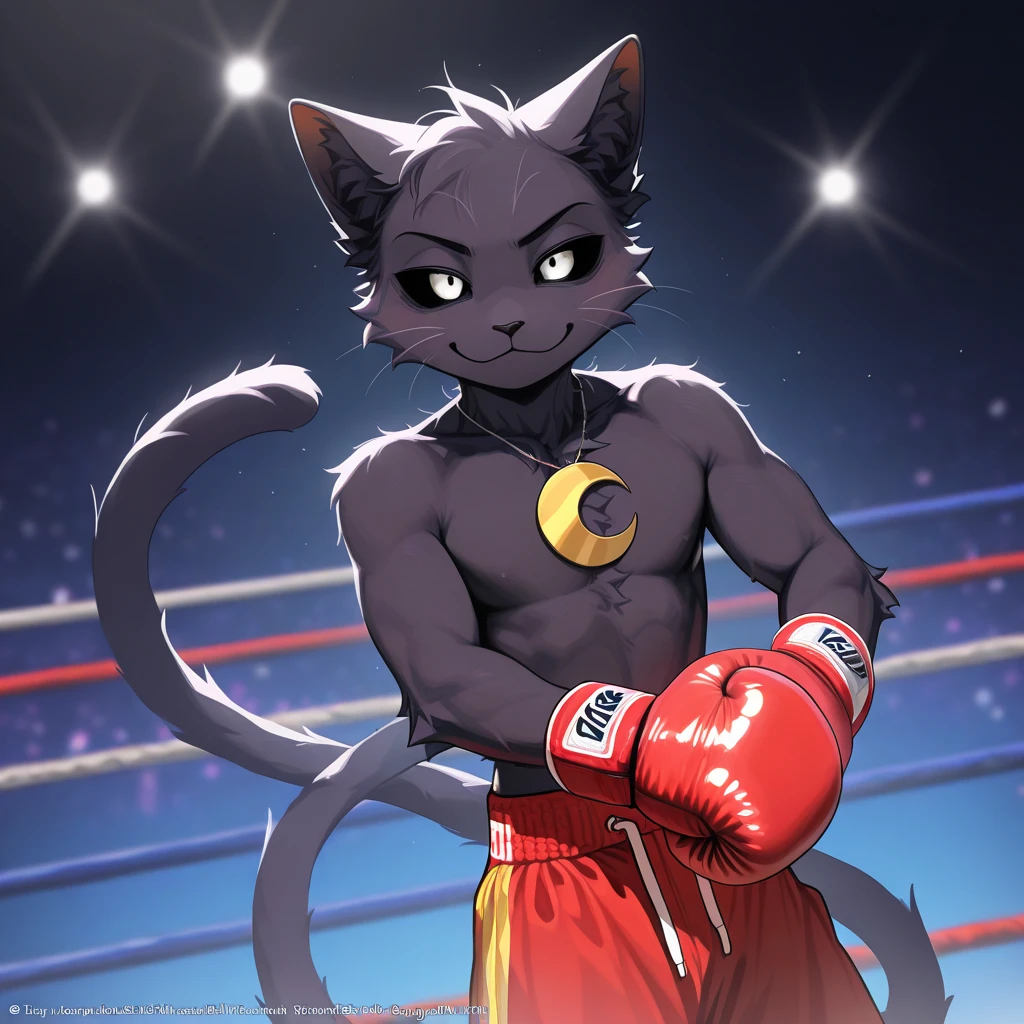 Anime quality, catnap, furry, male, adult, solo, black sclera, white eyes, calm, happy, kind face, cute, long tail, antropomorfic, yellow crescent-shaped necklace, looking at viewer, fight boxing, Wearing red boxing gloves, wearing red boxing shorts, (no top),