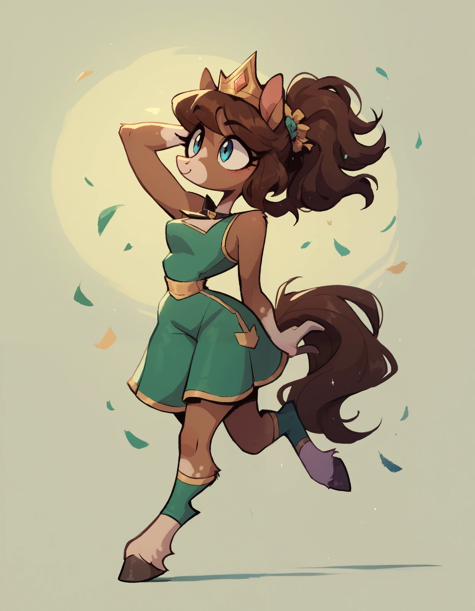 valbun, solo, anthropomorphic horse, 1 girl, furry female, furry horse, light brown fur, blue eyes, long snout, dark brown mane, green clothes with large yellow stripe, crown, full body, fullbody,