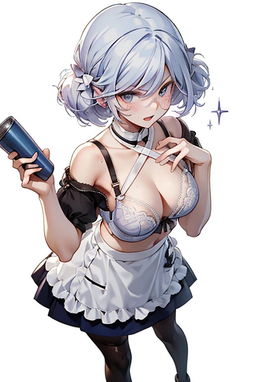 (from above:1.2,Best Quality),a girl , platinum color hair,Purplish  blue eyes that dreamers desire, small stature, medium tits , Lori face, (masutepiece:1.2, Best Quality), (finely detailed beautiful eye: 1.2), (beautifull detailed face), (perky chest:1.2), (pointed chest:1.1), (bra magazine cover:1.5)，(Best Illumination, extremely delicate and beautiful), sexy pose,make a coffee , in a kitchen counter, morning light, (Pale white background:1.1), Short bob hair（1:3）、Ultra Contrast、Braid a little around the ears, White long dress:1.3、only has 5 fingers、Sexy and qute pants、nffsw,Arms crossed、grab the arm、Shoot 、breastuscular pussy、little Pubic hair,high-level image quality、hightquality、8K,perfect hand、5 fingers、finger pin、Perfect Finger、T back,noise cut、bullet on hand、Her hair color should have been a brighter platinum,(The bartender uniform is also carefully expressed:1.4),(The skirt part is also carefully expressed:1.4)、White skirt、the skirt is floating in the wind:1.2、Dark purple panties、thin Pubic hair ,(with sparkling eyes and a contagious smile),open mouth, highest quality, high resolution,Real World, Natural light,perfect Natural light, Looking at Viewer,