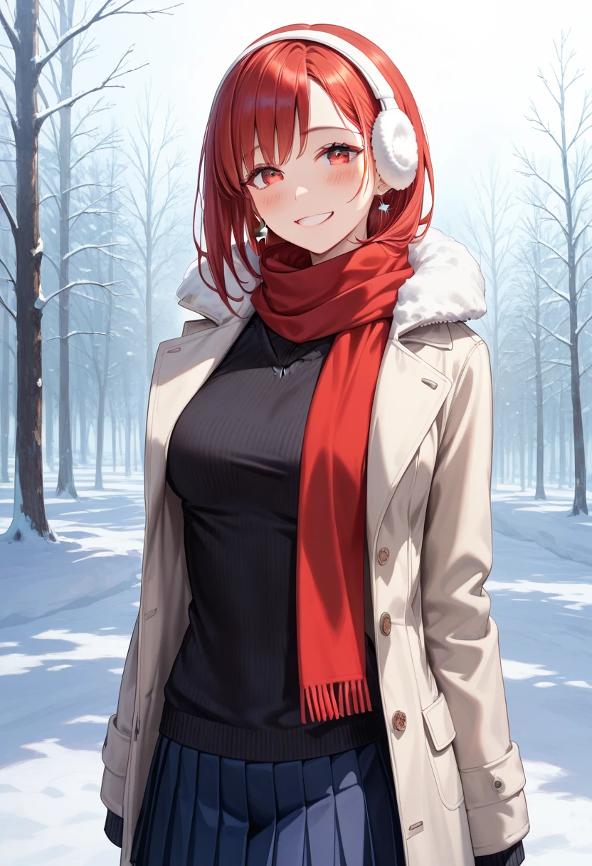 (score_9, score_8_up, score_7_up, score_6_up), anime, high res image, Beautiful girl with slim body, (masterpiece, detailed:1.2), (1girl:1.5), (red hair, short medium hair, bangs), (earrings), (dynamic poses), looking at viewer, (blushing red, relaxed, smile), (red eyes, detail eyes, eyelashes), Beautiful eyes, (big perky breasts:1.3), (slim), (beautiful detailed face, beautiful detailed eyes), ((beige long winter coat, black sweater, pleated skirt, winter red scarf, winter earmuff)), (standing up), (outdoors), winter seasons, snow, steam, ((cowboy shot:1.3)), seductive