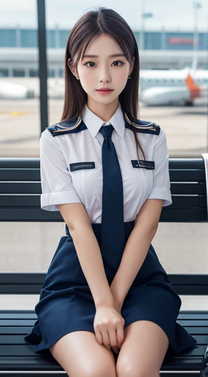   top quality ,     Masterpiece    , 8k,    Ultra High Definition showing the whole body in super detail, (  Photorealistic : 1.4),   1 girl,    beautiful face,     Symmetry Eyes  , big, perfect body proportions,   stewardess uniform sitting on an airport bench, Viewers&#39;sight, (In-flight: 1.2), Front View, Shoulder jump,   absolute domain (1.3),Pussy vibrator stimulation、Vivid orgasm、Aphrodisiac Lotion Stimulation、 pleasant 、 Apply Aphrodisiac Lotion to Nipples Orgasm、