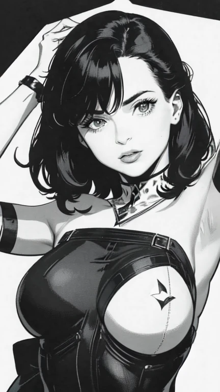 A simple black and white coloring page featuring a pin-up girl tattoo style, The illustration has thick black outlines, clear crisp lines, and minimalistic details to make it easy for kids to color. No background details are included,