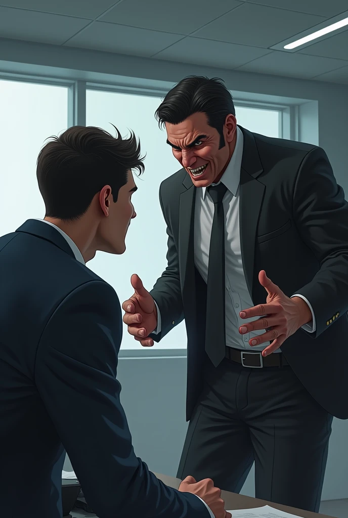 fighting scene of 4 officer in western comic style, very angry expression, rage, office room as background, man punching other man on table, while man on back holding monitor on top his head, 1 woman pulling the clothes of the person in the middle, all character wearing business professional attire.,BlackworkStyleManityro, greyscale,monochrome, bruises, wounds, blood, violence,
