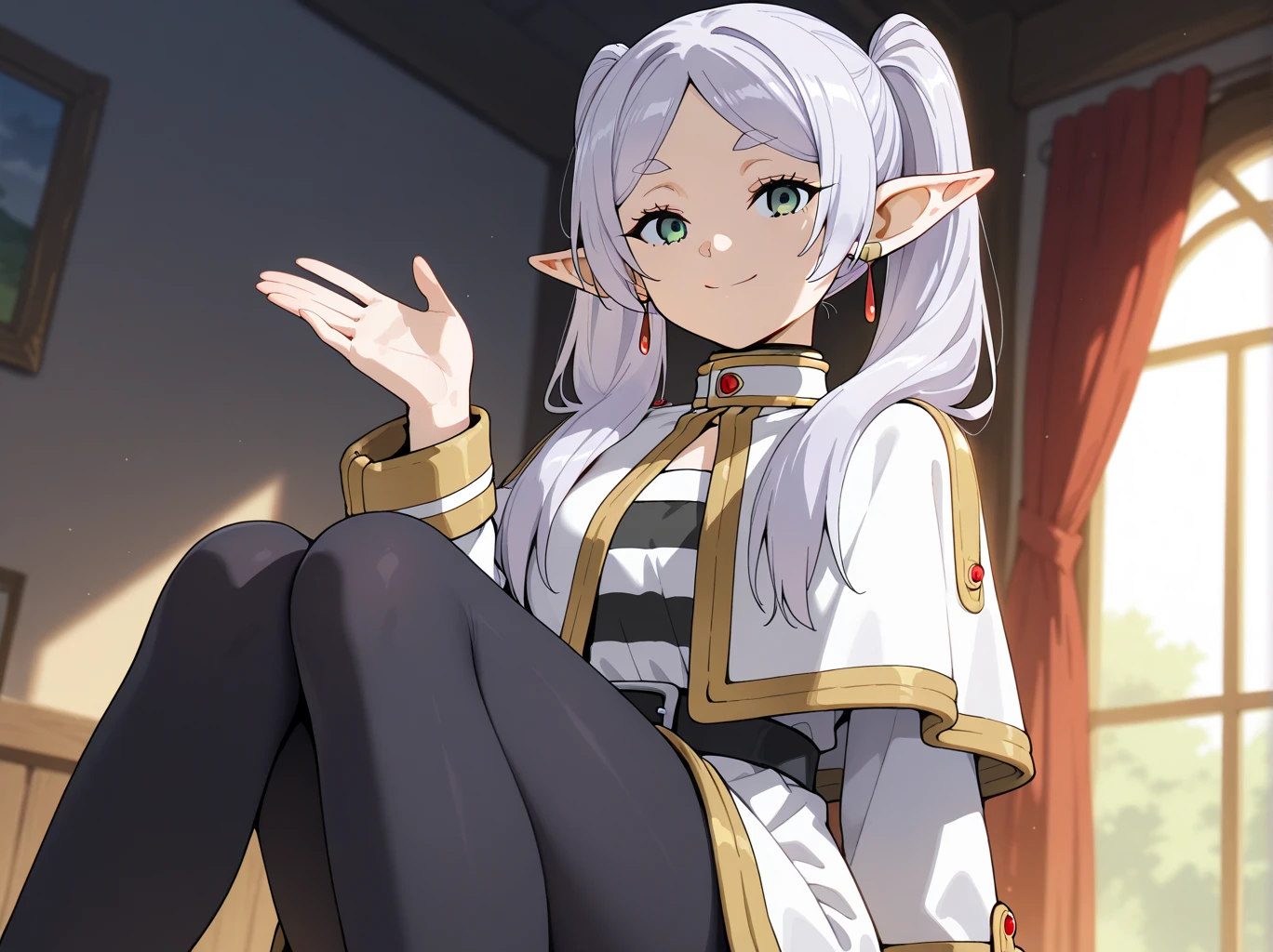 (masterpiece), best quality, absurdres, very aesthetic, nice hands, 1 girl,zzFrieren, long hair, smile,  twintails, green eyes, grey hair, pointy ears, elf, zzFrieren, long hair, twintails, green eyes, grey hair, pointy ears, elf, shirt, long sleeves, jewelry, earrings, striped, capelet, striped shirt, white skirt, black pantyhose,