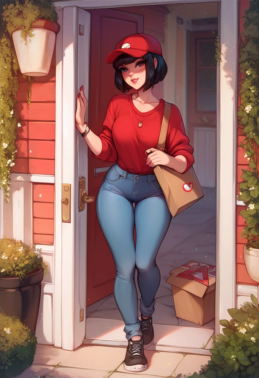 Score_9, Score_8_up, Score_7_up, Score_6_up, 1girl,  delivery girl ,  jeans red shirt , Red cap, Bob Cut,  black cabello,  short hair, Ojos rojos, e-girl, aesthetic,  standing at the entrance of the apartment,  open door , Pizza delivery girl ,  full body , :3, merustyle 