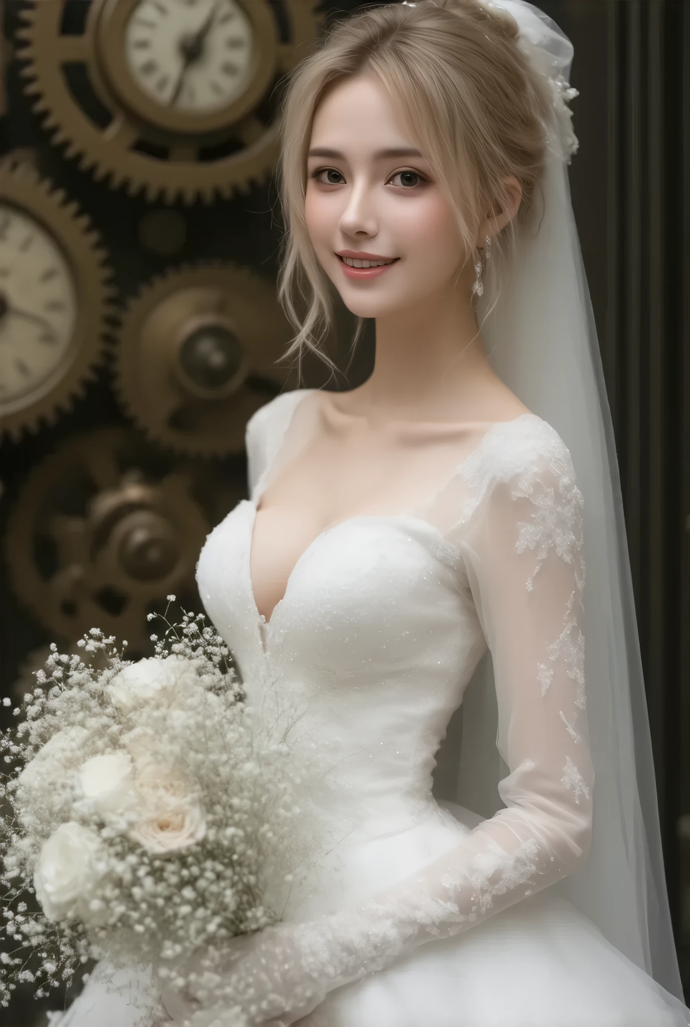 Top quality, super fine, 16K, incredibly absurd, highly detailed, 2.5D, delicate and dynamic, pretty woman, seductive smile, pure white wedding dress, amazing style, bouquet, steampunk, dieselpunk , clockpunk, cyberpunk, glitter effects