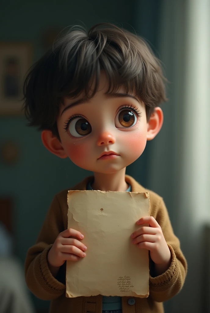 The brown-haired boy picked up a photo of a woman about 30 years old and looked at it, and the boy started crying.