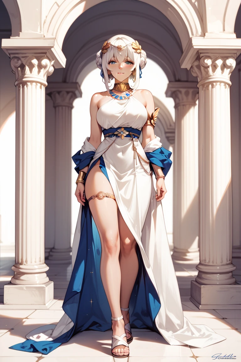 Silver-haired adult woman with huge breasts,greek clothing,Bare Legs,slippers,white palace