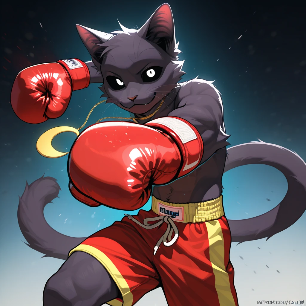 Anime quality, catnap, furry, male, adult, solo, black sclera, white eyes, calm, happy, kind face, cute, long tail, antropomorfic, yellow crescent-shaped necklace, looking at viewer, fight boxing, Wearing red boxing gloves, wearing red boxing shorts, (no top), punching, punching the image, showing him punching, can punch,