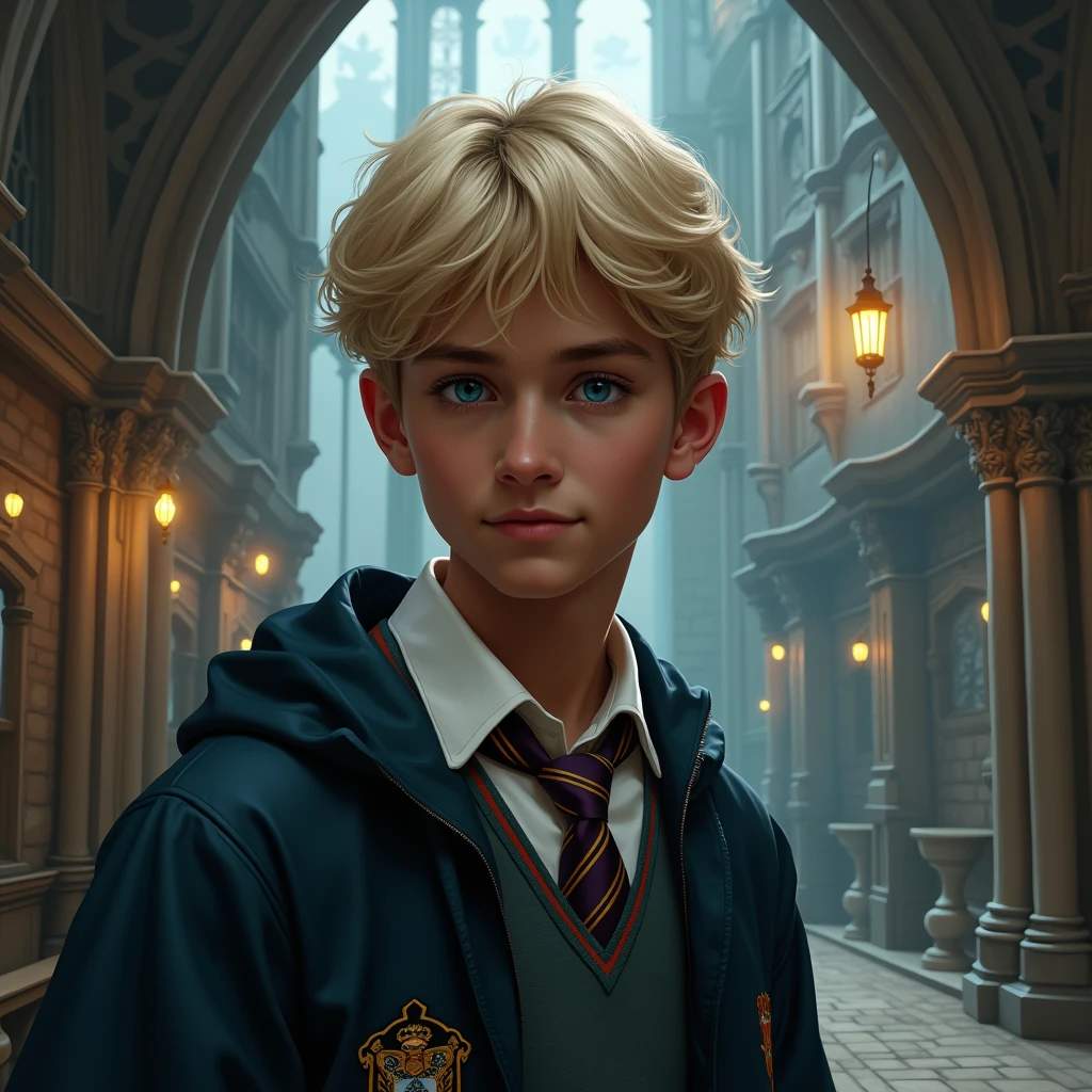  Harry Potter character straight short blonde hair green eyes house team slytherin boy ager 