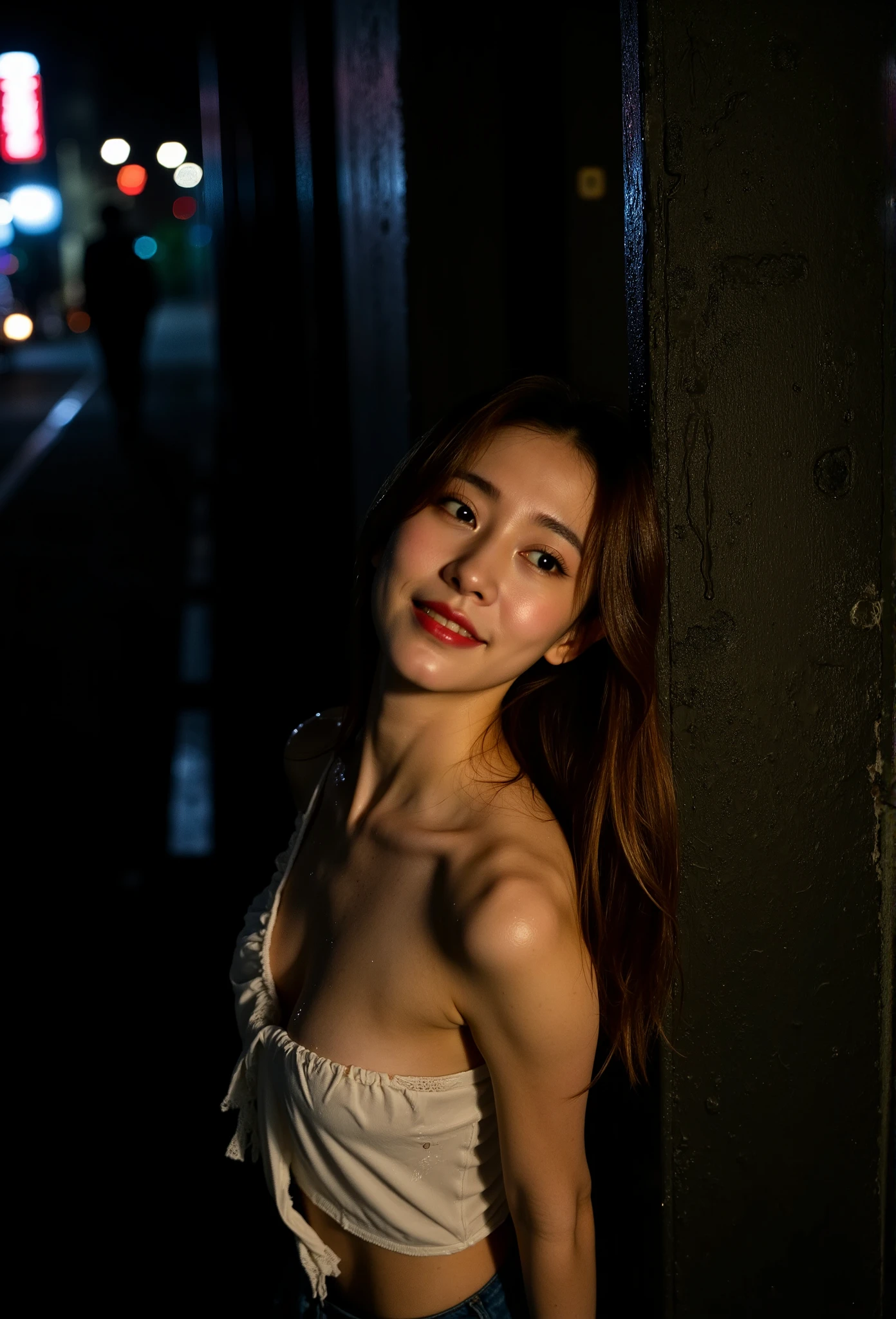 Hight angle shot of beautiful so sexy Japanese woman, leaning against a dark wall in a dark corner on the side of the road. All around her there was complete darkness. Only a low dim light shone on her, tilt face up, White skin, long spreading hair, very wet, body drenched, storm raining, very sexy woman, small breasts, smile, wear only very loose ripped white tank top, ripped blue plants, no underwear, bare skin, clearly revealing a beautiful, moon light, very dark midnight street background, posing seductively, Gigapixel image, perfect medium breasts with a beautiful neck, the overall mood of the image is sensual and gorgeous. Busty, curvy, wet skin. Windy, intricate detail, 8k resolution, dramatic, romantic scene, heavy shadow, low key, highly detailed, intricate, innocent, illuminated, alive, sharp focus, dark, magnificent, fine detail, clear, aesthetic, stunning, professional and elegant manner.  natural makeup that enhances her features, with a focus on clear skin and a subtle glow. 