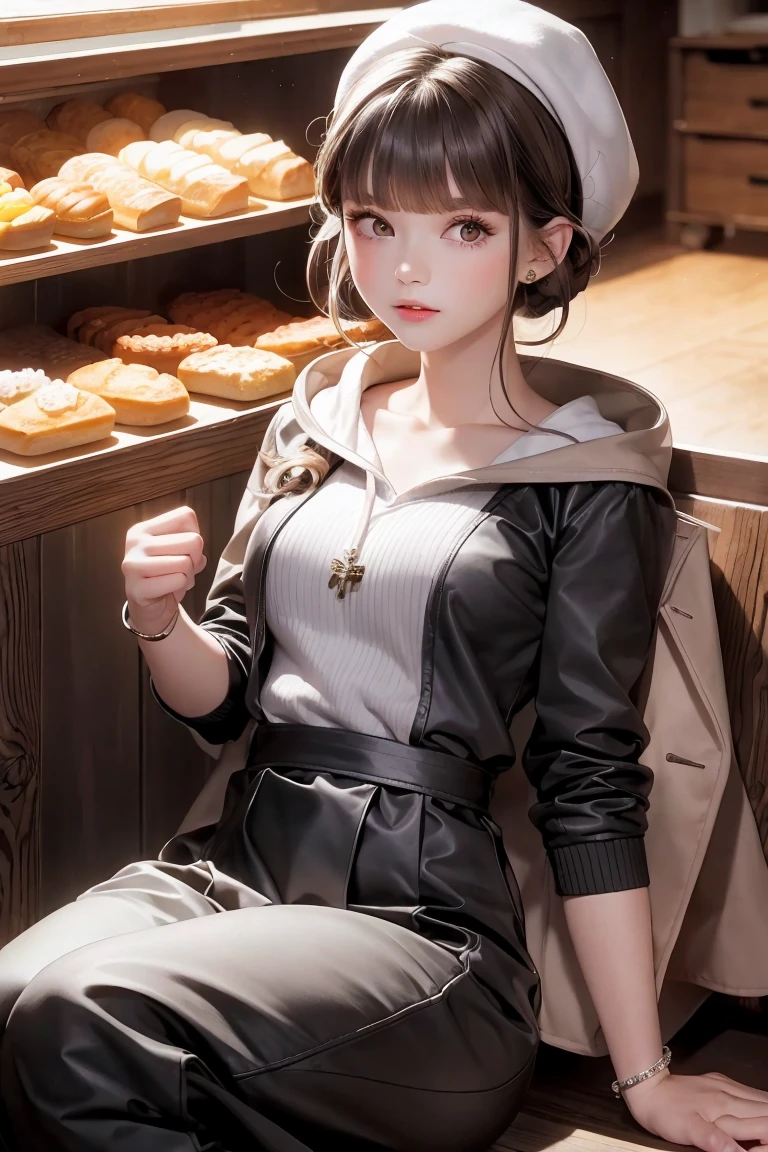 masterpiece, 1girl, sparrow, a brown haired girl, wearing a white medieval priestess clothes, curly short hair, messy hair, slim body, wearing golden capelet with hoody, he close her left eye, shirt ornament, aqua eyes, sho show her back, ahoge, black vest, baby face, small breast, beautiful breasts, rounded breasts, braid hair, white beret, long sleeves, beautiful eyes, white stocking, cheerful eyes, skirt, brown skirt, plaid skirt, her age is , cheerful expression, she is a , she eat bread, she sit in the bakery