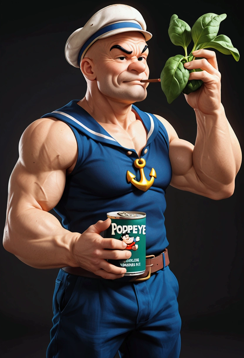 1bpy\(popeye,((pipe in mouth :1.4)). from cartoon popeye.anchor tattoo on forearm,(holding spinach can:1.3)..(Popeye1024:1.3), a sailor,full body, holding (spinach can:1.3),weak body, (slender body:1.3),Frail body, poor body,[muscle:2.0]\).cartoon,simple background. BREAK .quality\(8k,wallpaper of extremely detailed CG unit, high resolution, top-quality, top-quality real texture skin, hyper realistic, increase the resolution, RAW photos, best quality, highly detailed, the wallpaper, golden ratio, high saturation realism, vibrant colors, dramatic lighting, persuasive storytelling, atmospheric scenery, captivating visuals, intricate details, strong emotions, dreamlike world\)