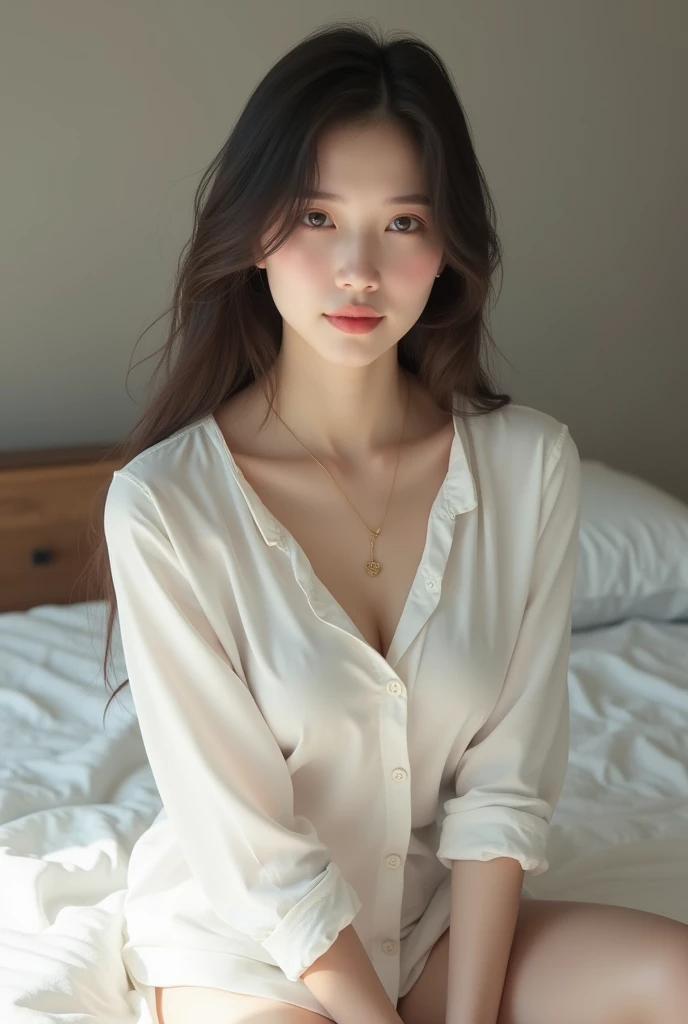 1 adult girl, red eyes, black hair, white sleeveless blouse, large boobs, bedroom background.