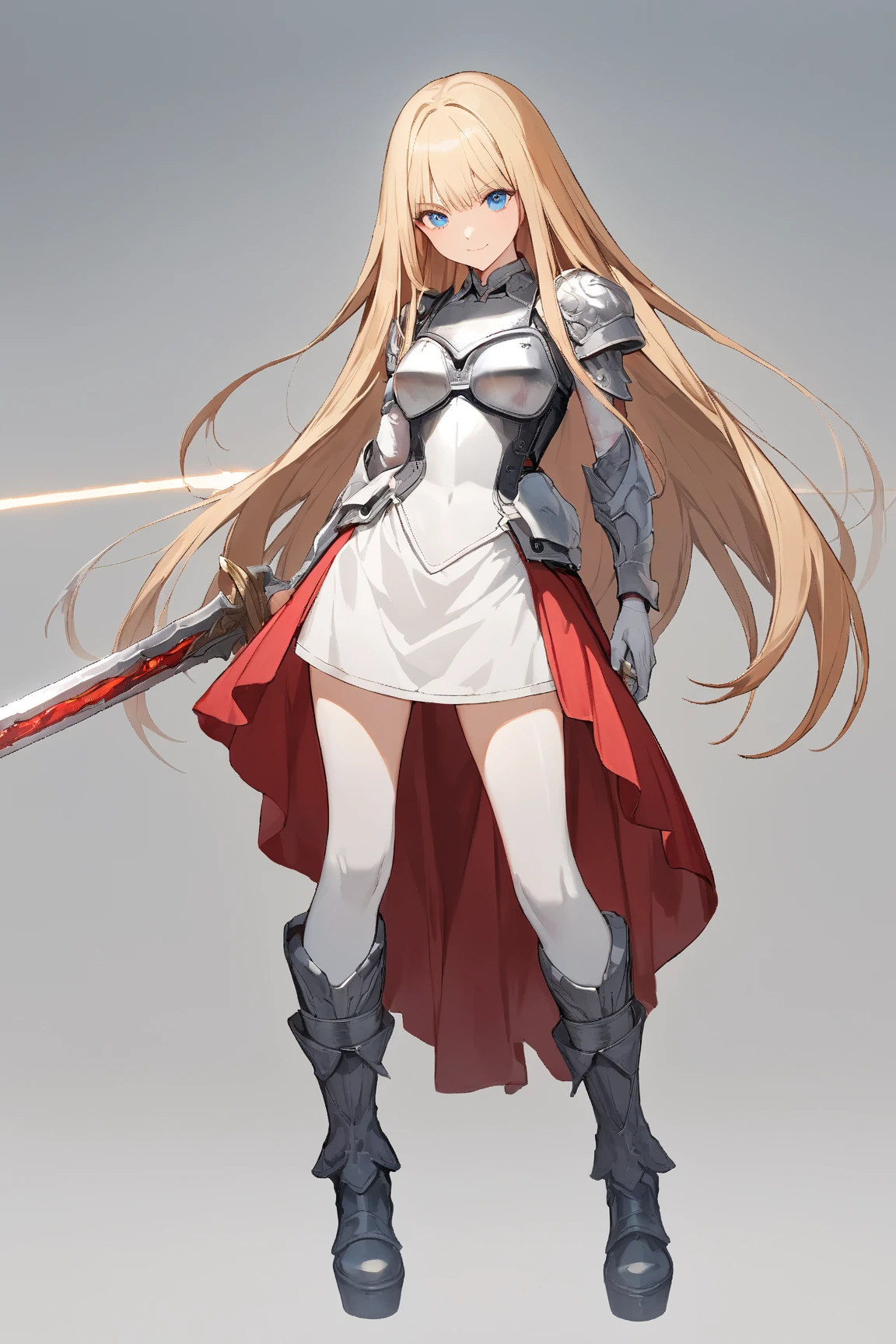 (gray background:1.3), No wind, character sprite, Break, 
1 girl, (cute face), elegant, Confident Look, light smile, 19 years old, Tall, 170 cm tall,, Standing, feet out of frame, blonde long hair, hime cut, blue eyes, (medium breasts:1.2), slim, white elegant Battle dress, short length skirt, tight breastplate, thigh boots, Great Sword,,(porcelain skin), Break, 
(gray background:1.3), No wind, high fantasy, game cg, absurdres,  highres icon, ultra detailed, beautiful, masterpiece, best quality,