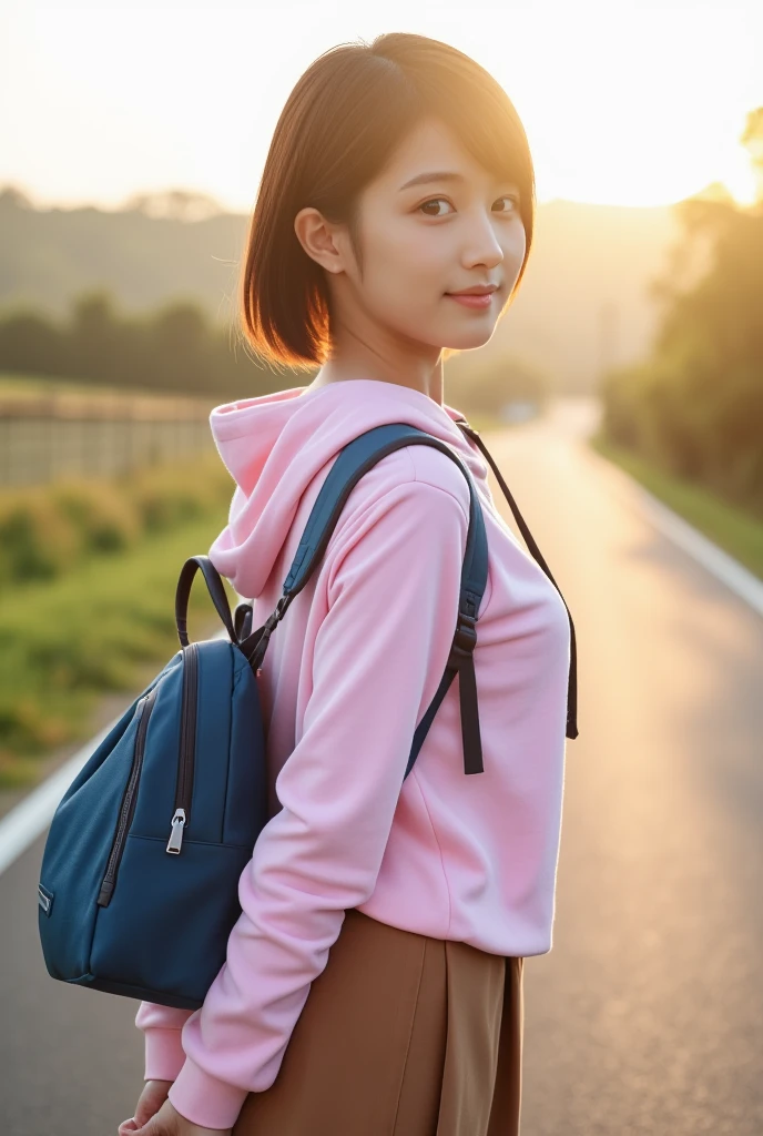 top quality 8k, high resolution, professional photographic, ultra detailed, 15mm film, portrait, (19 year old, beautiful Japanese female nearby, REIKA standing legs parted:1.3), beautiful very short bob cut:1.4, beautiful nape, (big hip best proportion:1.5), arms behind back, (blue backpack, brown-skirt, too large pink hooded sweatshirt, "Japanese businessman":1.4), (thick thigh smooth thigh radiant thigh focus), ((too very blushing tareme)), (ultra detailed sunrise backlighting:1.5), (good depth field, Lonely Traveler in  country road:1.5), from above close up face,  