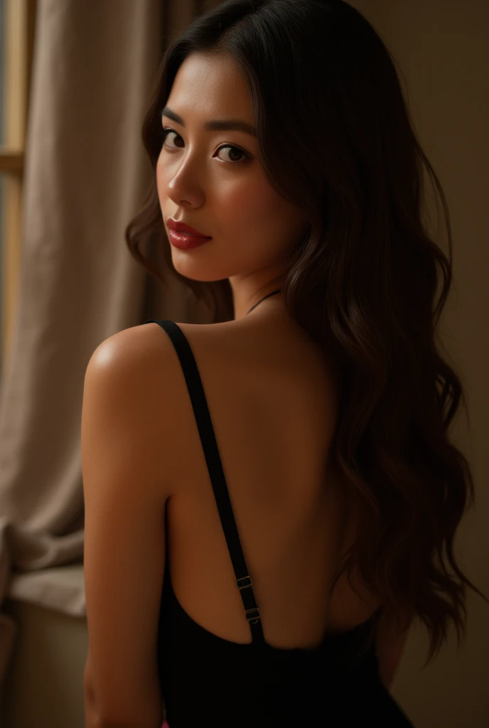 a beautiful young asian woman, sensual, athletic body in a tiny bikini, long hair in an elegant updo, henna love poems written on her back in an artistic font, facing away from the viewer, (best quality,4k,8k,highres,masterpiece:1.2),ultra-detailed,(realistic,photorealistic,photo-realistic:1.37),highly detailed portrait, photorealistic, intricate details, chiaroscuro lighting, dramatic color palette, editorial fashion photography style