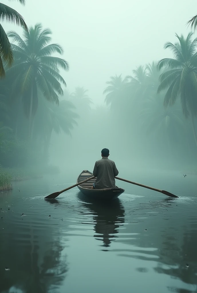 ( photo realism 1.2) photo realistic high detailed old Malay male at swamp paddling canoe cinematic view dramatic view morning mode fogs effect pandanus tree sunlight effect view of TASIK Bera black water lepironia articulate pandanus helicopus perahu jalur