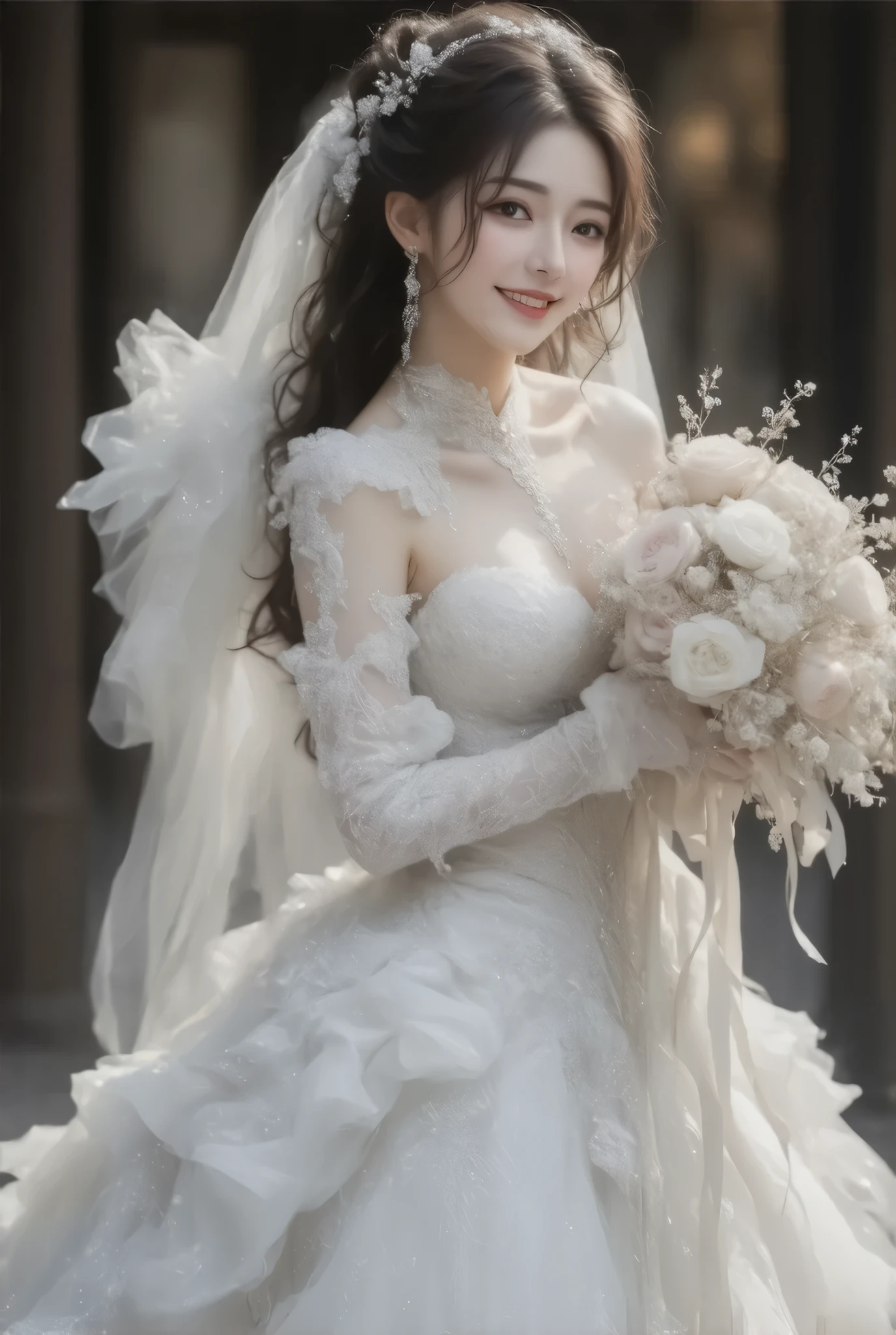 Top quality, super fine, 16K, incredibly absurd, highly detailed, 2.5D, delicate and dynamic, pretty (Japanese:1.4) woman, (beautiful and huge bouncing firm ample breasts, deep cleavage:1.5) and a huge waist,seductive smile, pure white wedding dress, amazing style, bouquet, (steampunk, dieselpunk , clockpunk, cyberpunk:1.4), glitter effects