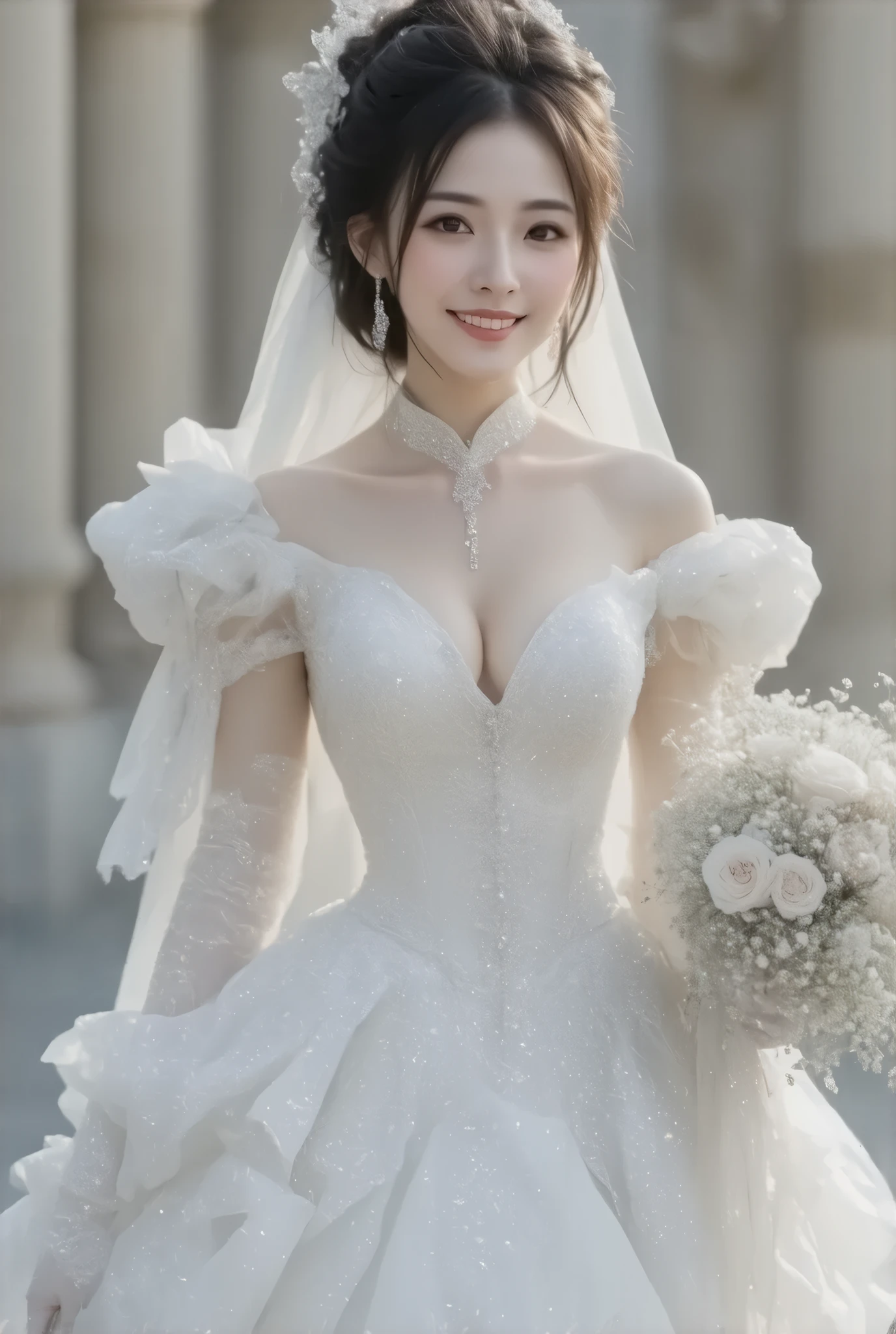 Top quality, super fine, 16K, incredibly absurd, highly detailed, 2.5D, delicate and dynamic, pretty (Japanese:1.4) woman, (beautiful and huge bouncing firm ample breasts, deep cleavage:1.5) and a huge waist,seductive smile, pure white wedding dress, amazing style, bouquet, (steampunk, dieselpunk , clockpunk, cyberpunk:1.4), glitter effects