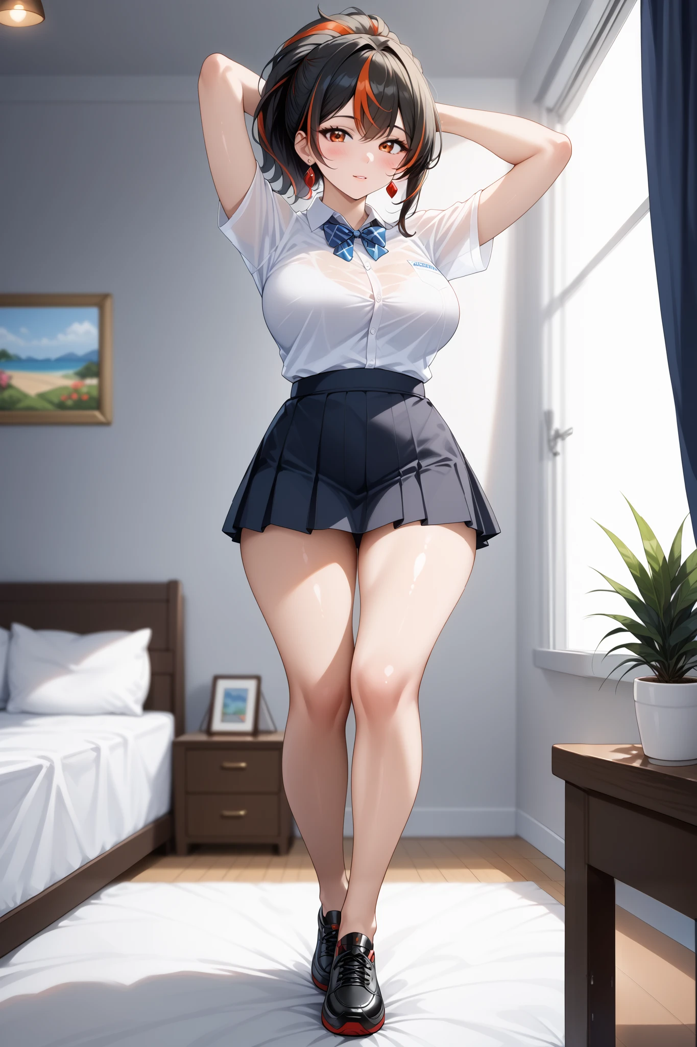 Masterpiece,high quality,2d mixed 3d, solo ,1 girl,zhu yuan,fullbody,stand up,looking at viewers,streaked ponytail hair,large breasts,beauty legs,arms behind back head,slimfit white shirt,black span skirt pants ,((bed room)