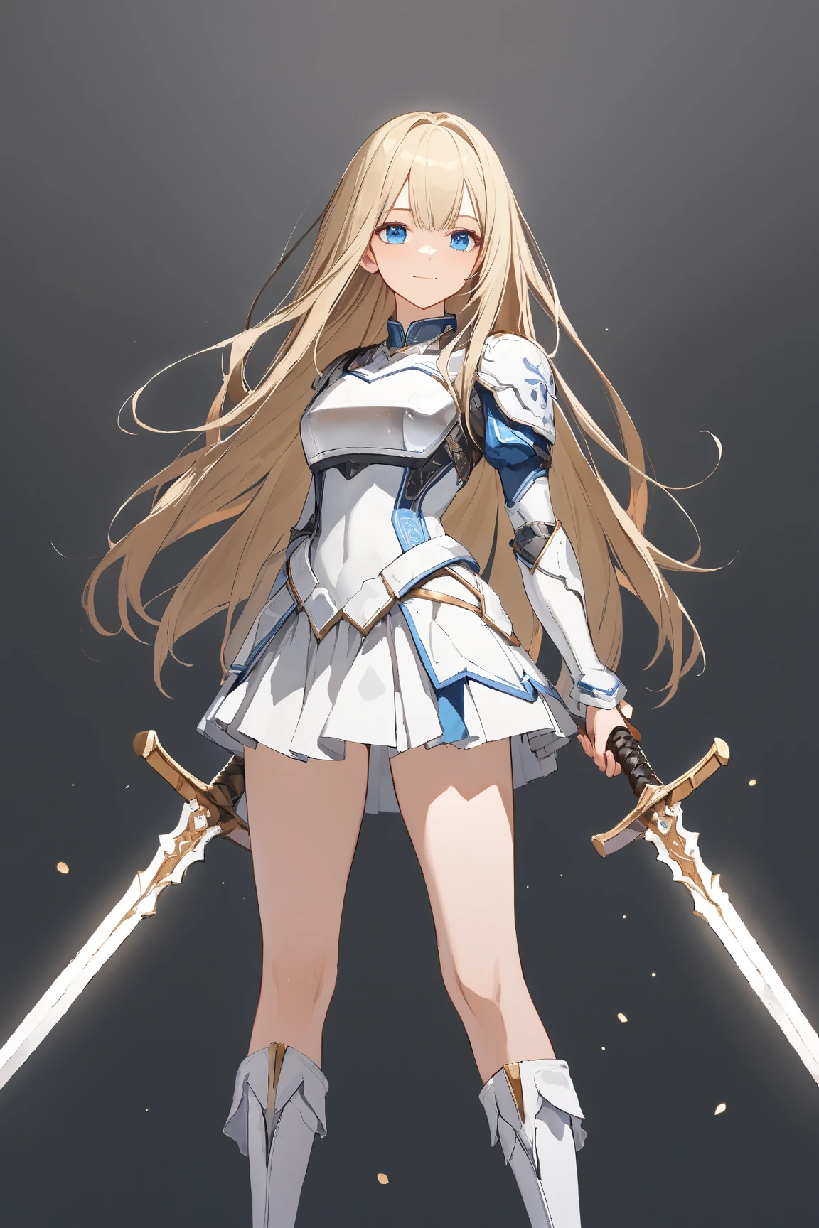 (gray background:1.3), No wind, character sprite, Break, 
1 girl, (cute face), elegant, Confident Look, light smile, 19 years old, Tall, 170 cm tall,, Standing, feet out of frame, blonde long hair, hime cut, blue eyes, (medium breasts:1.2), slim, white elegant Battle dress, short length skirt, tight breastplate, thigh boots, Great Sword,,(porcelain skin), Break, 
(gray background:1.3), No wind, high fantasy, game cg, absurdres,  highres icon, ultra detailed, beautiful, masterpiece, best quality,