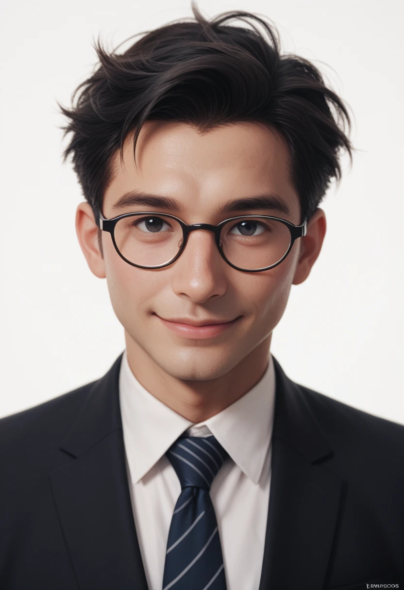 masterpiece,high quality,upper body,standing, 1 man, wearing suit, wearing glasses, black hair, black eyes, front view, from the front, looking at viewer, no background, white background, shy smile, 