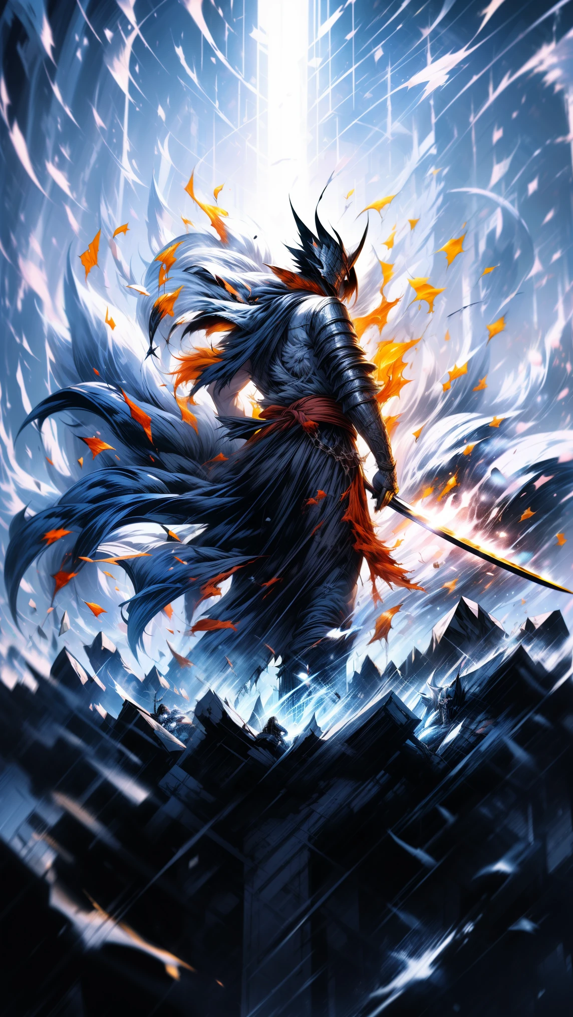 general plan full body ,((dark and torn black and white illustration:1.5)), ung person, beautiful muscular body, fierce expression, holding a weapon , (colors in your clothes, Warm, orange, yellow, Violet: 1.3), standing on a desolate land, dramatic lighting, intense shadows, sandy texture , high contrast, vibrant colors, dynamic pose, Powerful posture, rough background, explosive atmosphere, dystopian theme, surreal elements , digitally painted illustration, High definition resolution, intricate details , dramatic composition, avant-garde and chaotic brushstrokes, gothic style, intense emotions, Scale epic, raw and gritty feeling, Captivating and provocative works of art. Samurai warriror, samurai sword