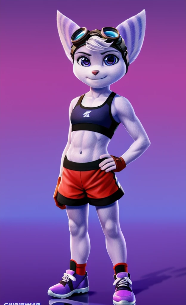 Rivet, tail, furry girl, 1girl, solo, young, full body picture, (blue soccer shorts), (purple soccer sports bra), (red soccer shoes), chrismas background, standing, detailed body fur, detailed body, detailed eyes, detailed face, athletic, skinny, high quality, masterpiece, goggles, looking at you, 