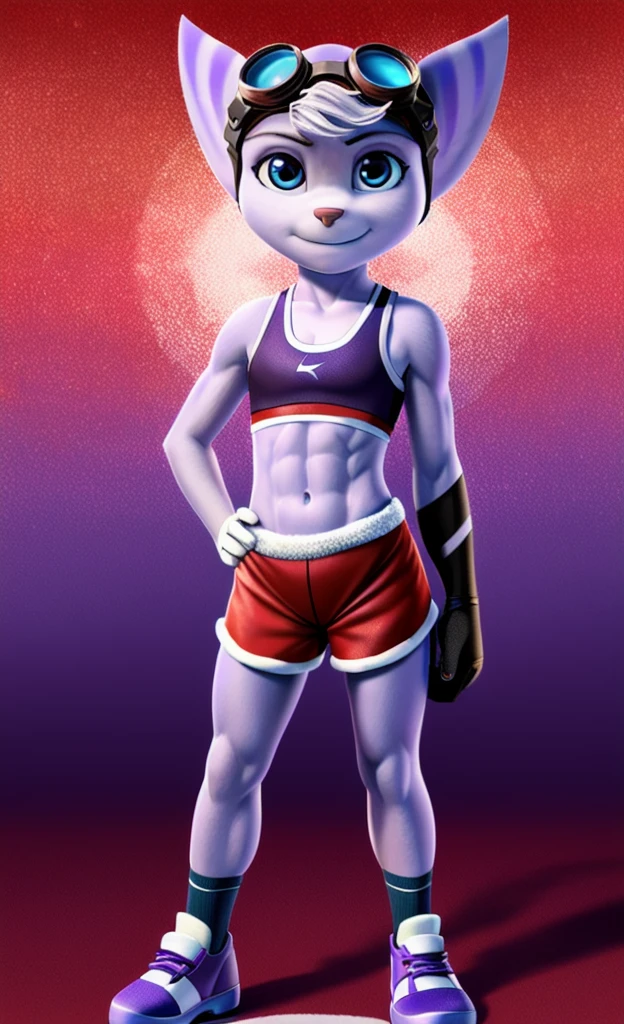 Rivet, tail, furry girl, 1girl, solo, young, full body picture, (blue soccer shorts), (purple soccer sports bra), (red soccer shoes), chrismas background, standing, detailed body fur, detailed body, detailed eyes, detailed face, athletic, skinny, high quality, masterpiece, goggles, looking at you, 