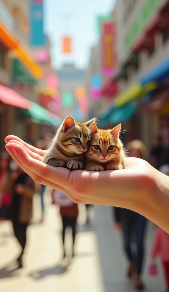 Two extremely tiny cats sitting on the palm of a human hand, set in a bustling shopping mall. The background includes colorful shopfronts, bright lights, and people walking by, creating a lively yet warm atmosphere. The cats are adorably small, one playfully looking around while the other is curled up, content. The human hand is detailed, showing warmth and care, emphasizing the scale difference between the tiny cats and the hand
