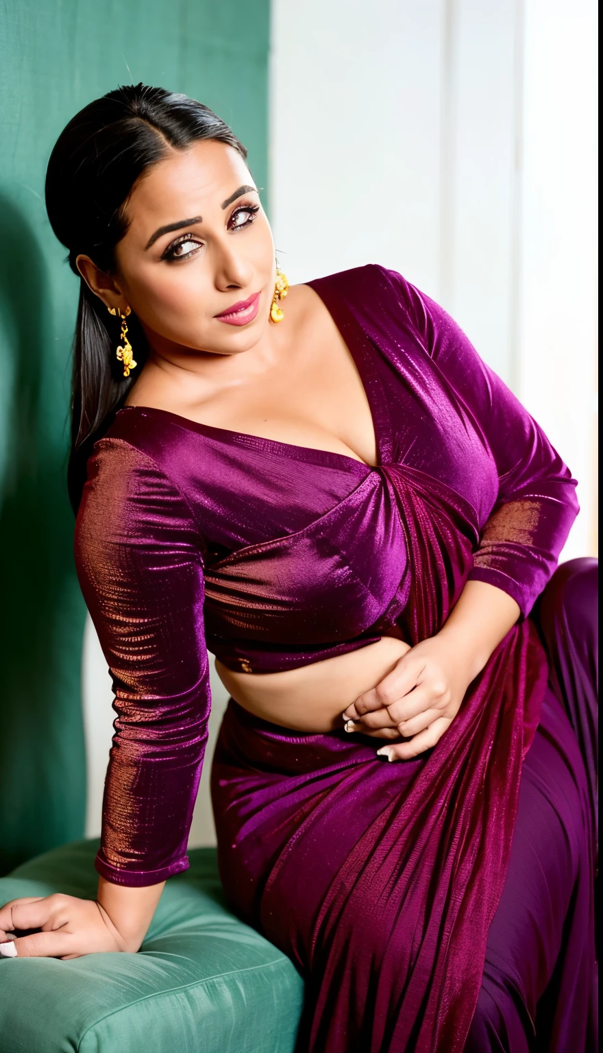 
The image is a high-resolution photograph featuring vidya balan,an intimate, indoor scene with two people. The subject is a middle-aged  of 35 years age indian bhabhi,woman, likely of Indian descent, with a white skin tone, and a well-defined facial structure. She is dressed in traditional Indian attire, wearing a gold shiny velvet sleevless deep low neck transparent witblouseh Deep cleavage,and a glossy reflective red saree , good hot milf-body, seating in swimming pool 

Her hair is neatly pulled back into a bun. She accessorizes with simple gold jewelry, including a gold necklace and matching earrings. Her expression is sexy and, seducing expression, woman sitting on a small stool,an young black Nigerian muscular boy standing on back side of woman holding on her shoulder looking the viewer,side view image,full body image,

The black boy wearing a black shorts only,The background reveals a domestic interior bed room with white light green walls, a piece of furniture with a colorful abstract painting hanging on it, and a hint of other household objects, suggesting a warm and lived-in space. The lighting is soft, enhancing the emotional intensity of the moment captured.full length image,side view only,