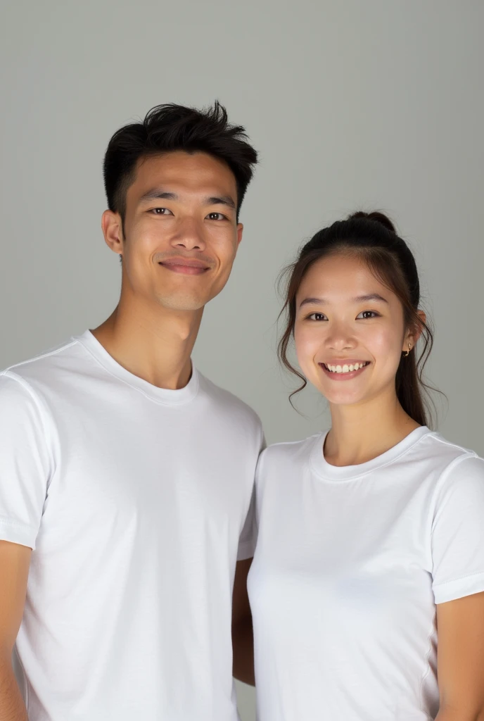 Gambar Hyper realistic ultra detail,20 year old woman beautiful sexy,solid body, big chest,wearing thin clothes,hugged from behind by a 30 year old Indonesian man wearing a black t-shirt,ultra HD ,image quality