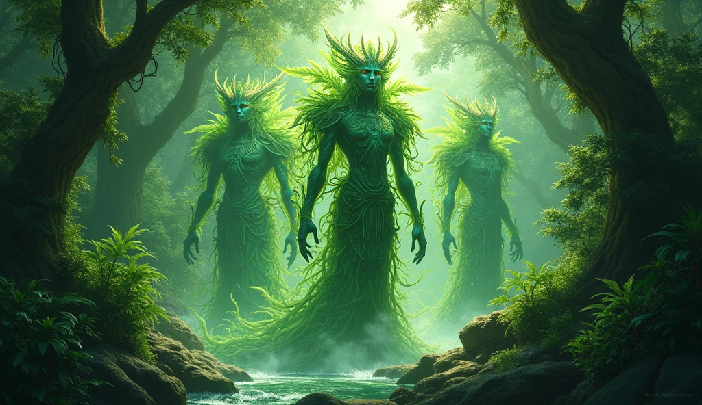 High mountains and flowing water,The mossy statue of the goddess of nature sleeps on the hill,Movie special effects,Green Mountains and Green Water,ln the forest,Except for the face,vine,Almost her entire body was assimilated, tree branch, Wrapped in trees, and part of the forest as well as trees. All her clothes were covered with moss,Bird view,Dreamism,Green