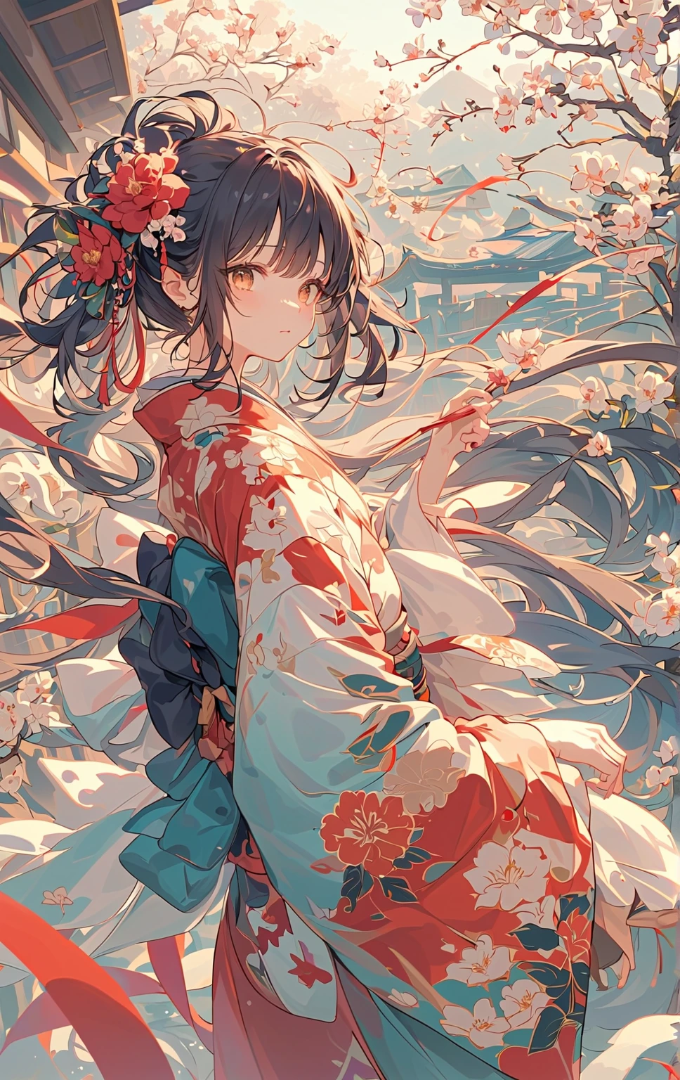 With delicately pointed fox-like ears atop her head and nine voluminous, fluffy tails cascading behind her, the enchanting figure before us embodies a mystical and ethereal beauty. This stunning portrayal, whether in a painting, photograph, or digital art, captures every nuance of her otherworldly allure. The vibrant colors of her fur, a mesmerizing blend of fiery oranges and soft creams, seem to shimmer and dance in the light, highlighting the intricate details of each tail and ear. The image is so exquisitely rendered that one can almost feel the softness of her fur and hear the gentle rustling of her tails as she moves. It is a masterful work of art that immerses viewers in a world of fantasy and wonder. and make her more sexy by giving her very big and ass give her a h cup chest. and a small beauty spot on her right breast. anime-style Japanese hair, shiny crimson hair, Her dress has a beautiful shimmering pulsating gold pattern that gives it an extraordinary look, golden butterflies fly next to the heroine, with their ethereal Japanese beauty (23 years old). A single lock of hair accentuates her delicate features, and she is adorned with sparkling gems. Her expressive eyes shine with emotion, and her fair skin complements her slender figure. This stunning character comes to life through digital painting. milky white skin and sky blue and mint green eyes. her eyes are bright and shiny. her frock reaches her ankle. give her a night time background walking among Sakura tress with golden butterflies fly next to the Girl. her nine-tails flow beautifully behind her clearly visible and she is wearing a nice Japanese style sandals. has a big firm ass wearing white stockings with golden design on them her kimono reaches to the ankle and her nine-tails dance behind her in a otherworldly beauty of tails sakura tree petals . golden butterflies fly around her and 1 on her finger