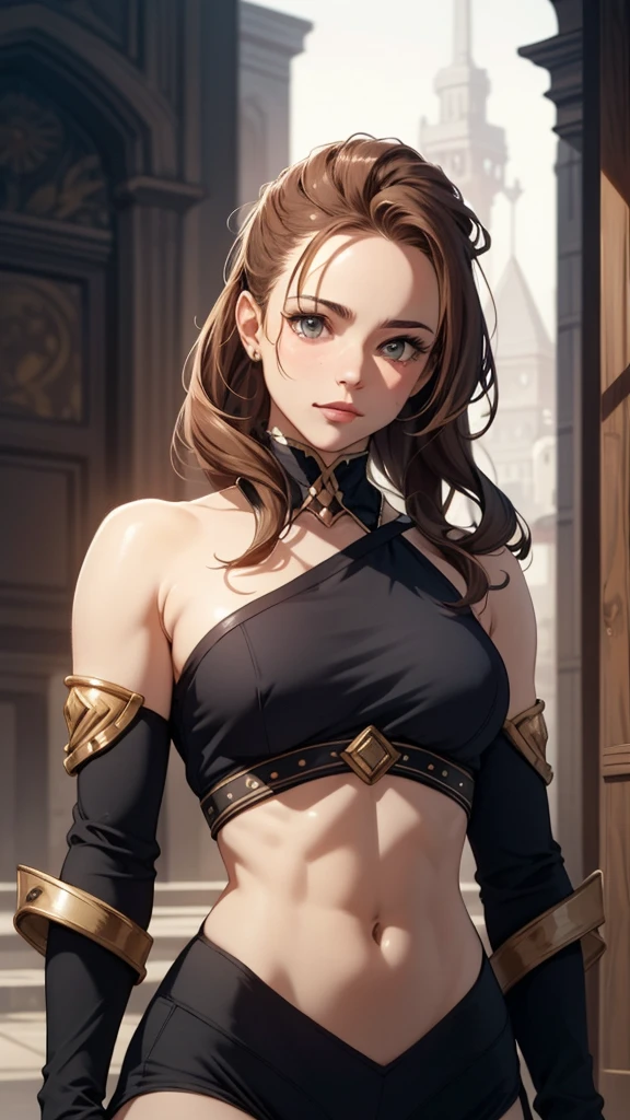 17 year old girl, young looking, Skinny body, Wide hips, small waist, meaty buttocks, fleshy breasts, long legs, long wavy brown hair, fringe, green eyes, BROWN SKIN, dark skin with pink touches, beautiful, something sexy, beautiful, provocative , poor style female medieval clothing, black top, black shorts with leather belt, medieval decorations to give it a touch of the middle ages
