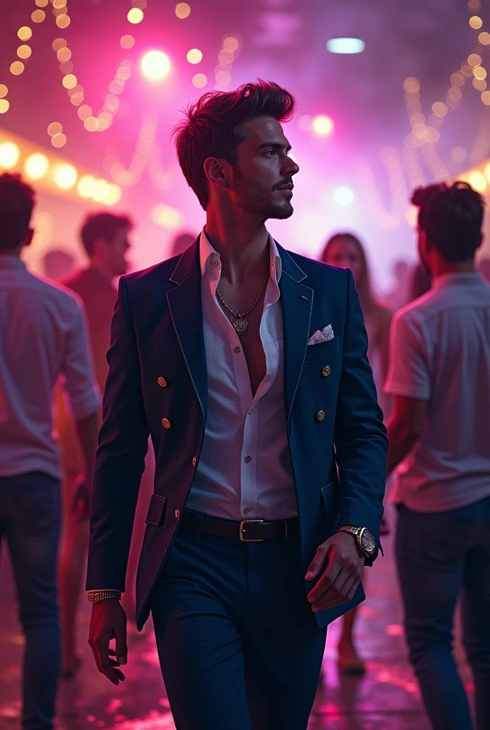 (masterpiece) (high resolution) (best quality) Ryan gosling opens his Shirt off in a front of a group Men. Wearing just a suit without a shirt underneath. He gets attention. He is just walking through them on a Street. Everyone wants to interact with ryan. He wears a pink suit with no Shirt inside