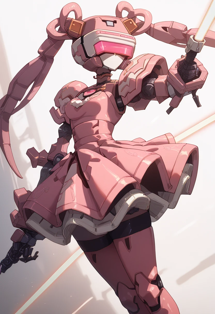 masterpiece, high definition , top quality,8k 
(twintails,mechanical girl,mechanical body,pink mini skirt,mechanical goggle,pink body color,no mouth)  ((pink Lightsaber))