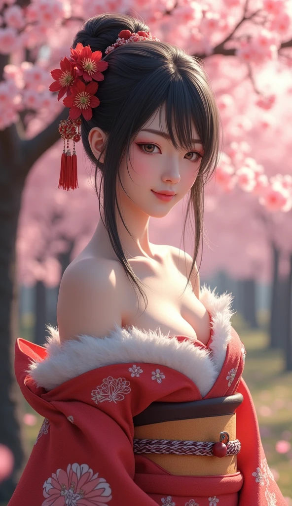 photo realistic,(masterpiece), (highest quality), (realistic), geisha, kimono, dance, elf, ((best quality)), (super detailed)), (((photo)), autumn Japan forest, slender body, provocative smile 