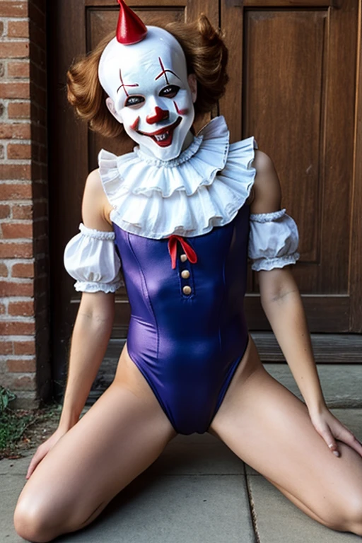Beautiful girl, blue eyes, ginger hair, detailed facial traits, clown dace makeup, clown dress, naked breasts, detailed blowjob, male legs, male penis