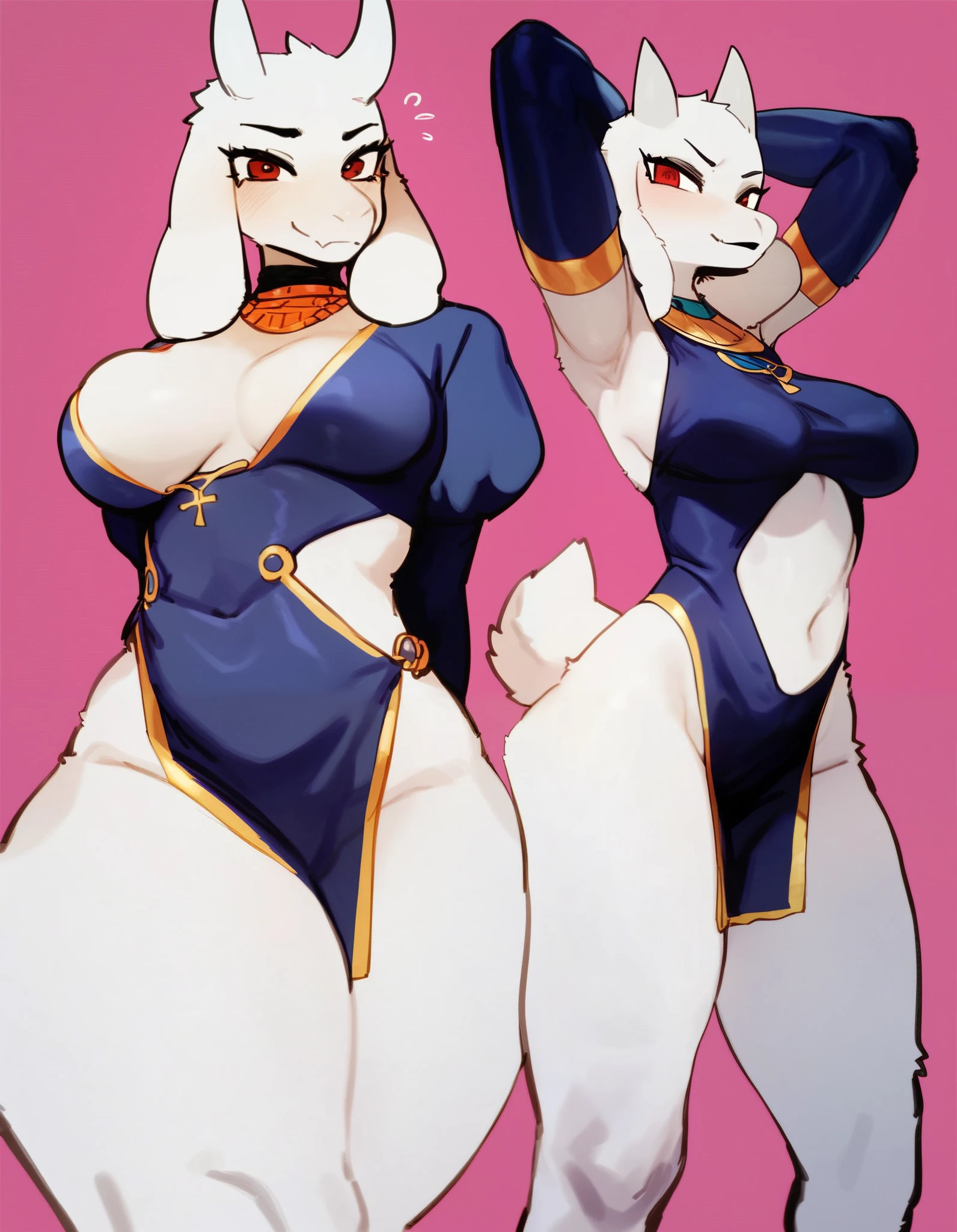 toriel By CHEOLODY, by bebebebebe, by lostgoose, by goonie-san, solo, female, oni, anubis ((snout, furry, , , amazon, textures. black body. ), ( medium featureless breasts), realistic breasts, standing, smirk, flushed expressing, , , thighs, wide hips, ancient  Egyptian attire , , vagina, sanus, y-shaped anus,
