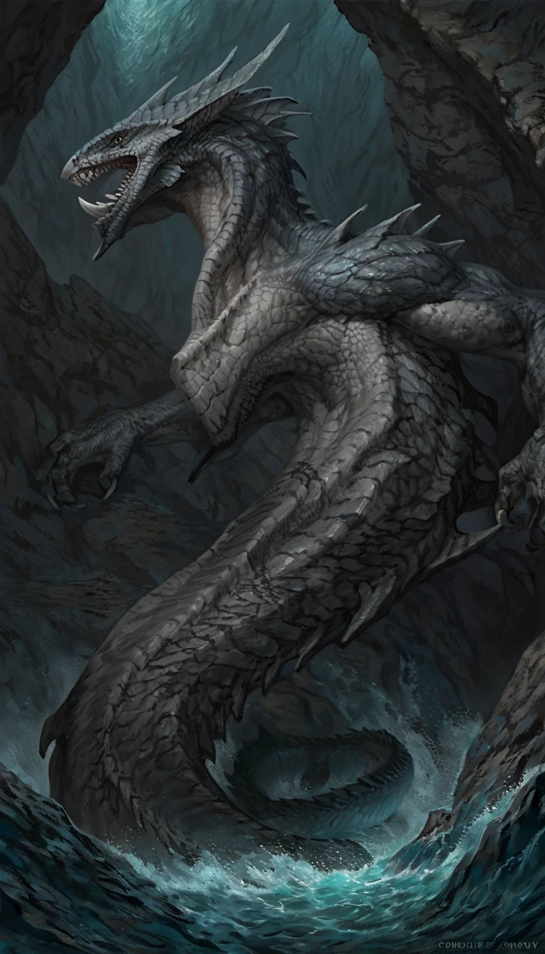 <hypernet:GrimForge:1> A giant serpent head across a cliff edge, its scales shimmering with a sinister glow