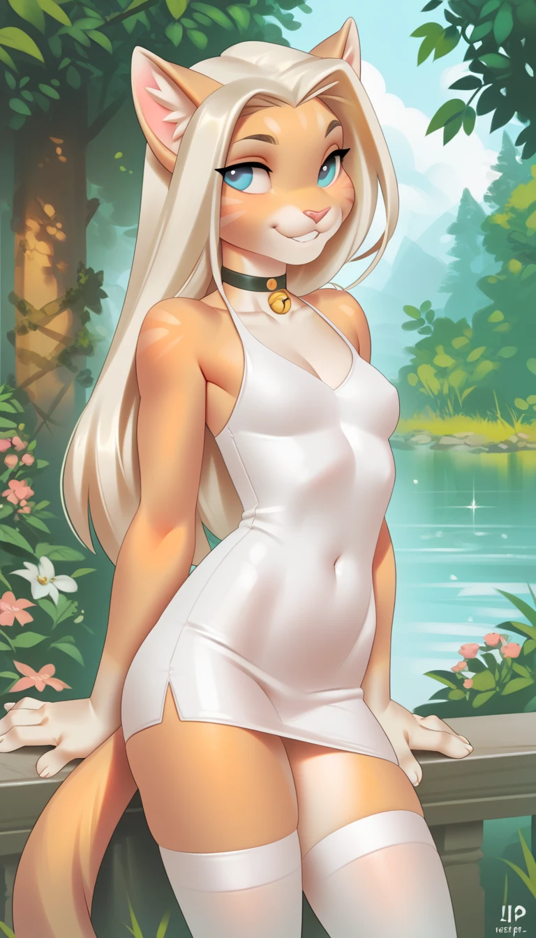 fox, anthro, solo female, long blonde hair, detailed masterpiece, ((((lacy white panties)))), (((lacy white bra)))), next to a flowery garden, garden in the background, dramatic lighting, green eyes, sun hat, orange and white fur, suggestive pose, sexy, neckline, medium thighs, big tail