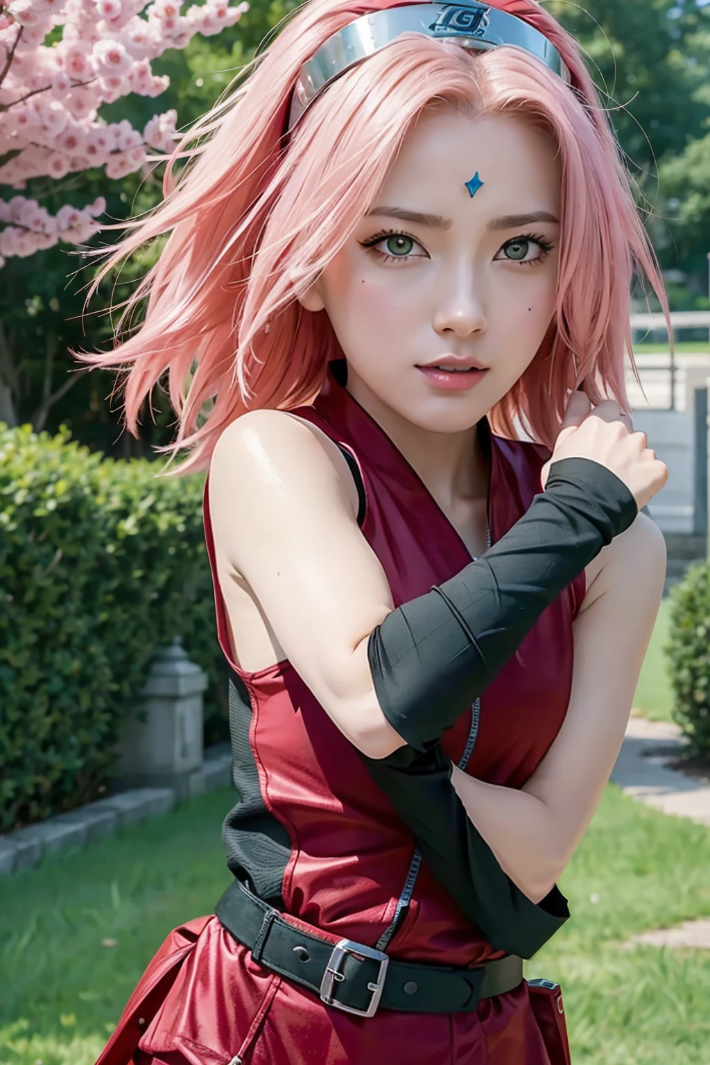Real life adaption of this character, Korean teen beauty face, realistic pink hair , realistic same outfit, realistic light, realistic shadow, hyper realistic, realism, realistic background,(photorealistic:1.2)
