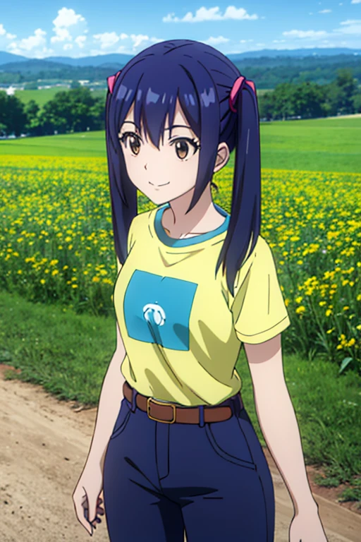 1girl, Solo, Smile, Twintails, Blue Hair, brown eyes, yellow striped t shirt, blue pants, belt, white collard t shirt,Masterpiece, High Resolution, High Details, HD, UHD, Anime Style,  day, meadow, outdoors