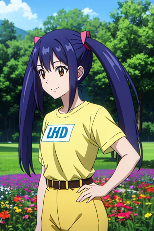 1girl, Solo, Smile, Twintails, Blue Hair, brown eyes, yellow striped t shirt, blue pants, belt, white collard t shirt,Masterpiece, High Resolution, High Details, HD, UHD, Anime Style,  day, meadow, outdoors