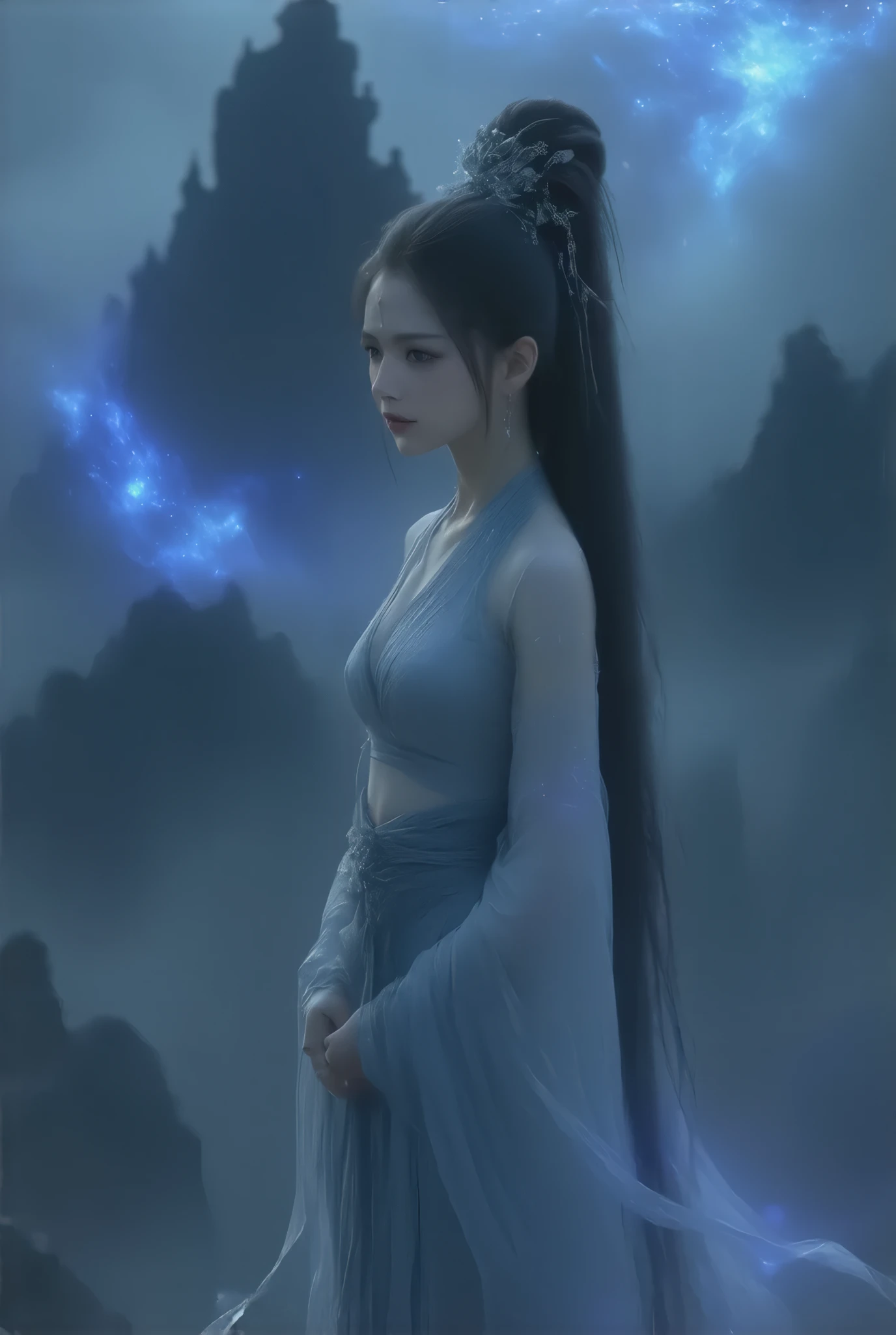 (8k, top quality, Masterpiece , Final Fantasy Style: 1.2),, Award-winning works, unrealistic, Final Fantasy, Royal Jewel,Photorealistic Painting by Midjourney and Greg Rutkowski, , elegant, Very detailed, Delicate depiction of hair, Miniature Painting, Digital Painting, Art Station, Concept Art, Smooth, Sharp focus, shape, nature, flight, Thousand Armed Kannon Bodhisattva, Asura, God of War, Castle in the Sky, A strip of light pouring down from the sky, A pillar of light stretching into the sky, Complex colors, (Buddhist Mandala, Colorful magic circle:1.2), flash, Mysterious Background, aura, A gentle gaze, break, Small faint lights and flying fireflies, night, Starry Sky, milky way, nebula, shooting star, Flowers, bird, Wind and Moon,erotic, Only sexy women, healthy shaped body, Anatomically accurate skeleton, 22-year-old woman, Asura, height: 170cm, big, Hard, (beautiful and huge bouncing firm ample breasts, deep cleavage:1.5) and a huge waist, sexy long legs, full body view, , White Tiger