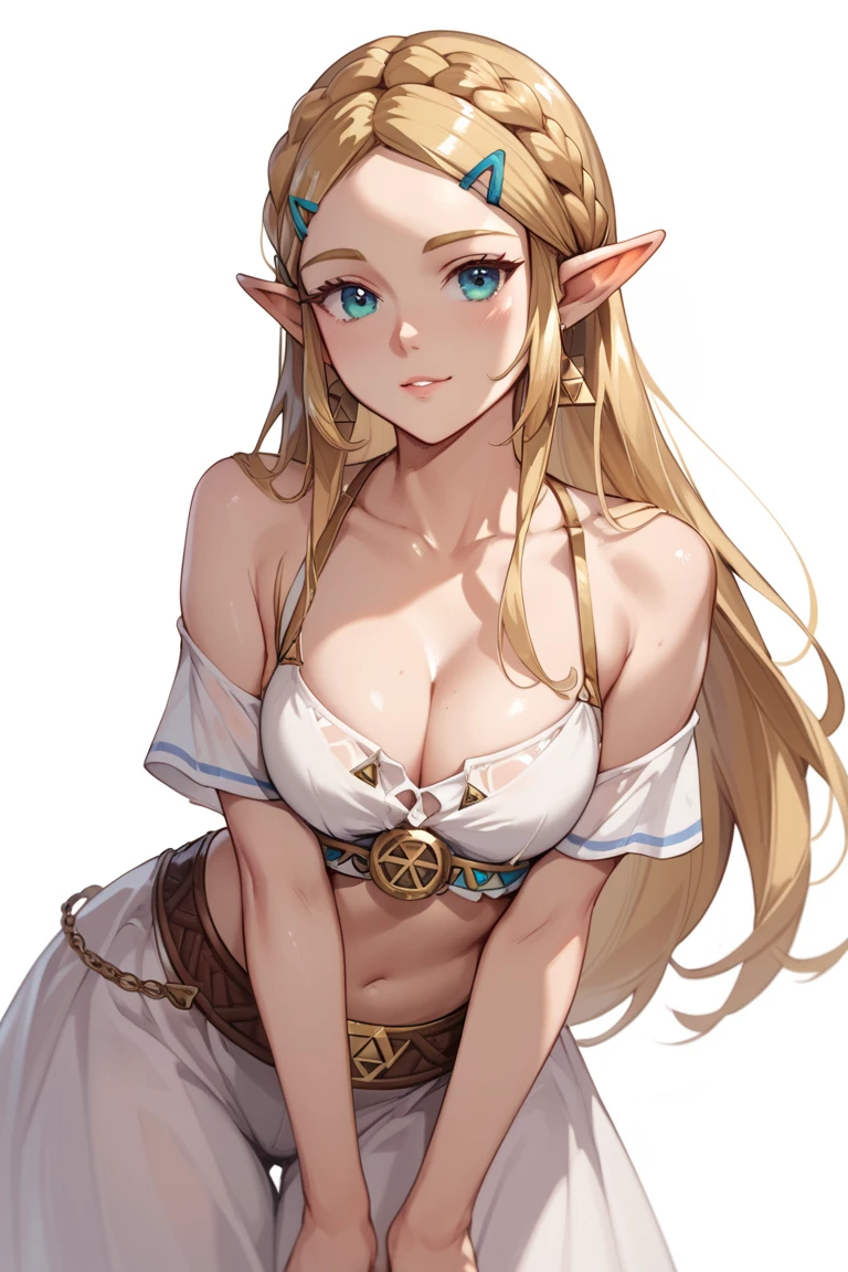 top-quality、hight resolution、detaileds、tits out、teats、NSFW、a beauty girl、Upper body visible、Upper body naked、fantasy worlds、lightly dressed、elvish、a blond、in woods、Braids、Small、