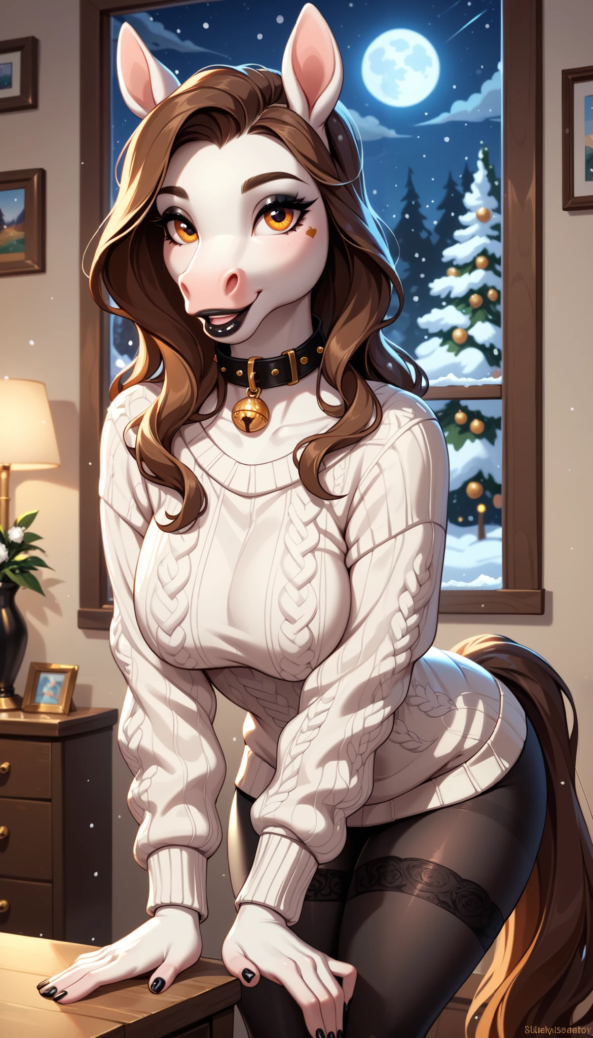 Horse, furry, female, (((white body))), brown hair, orange eyes, with black leggings, happy, black makeup, black lipstick, tattoo, gold jewelry, collar, hanging large long sweater, stockings), (I look out the window admiring the falling snow, from side), (decorated room, night)